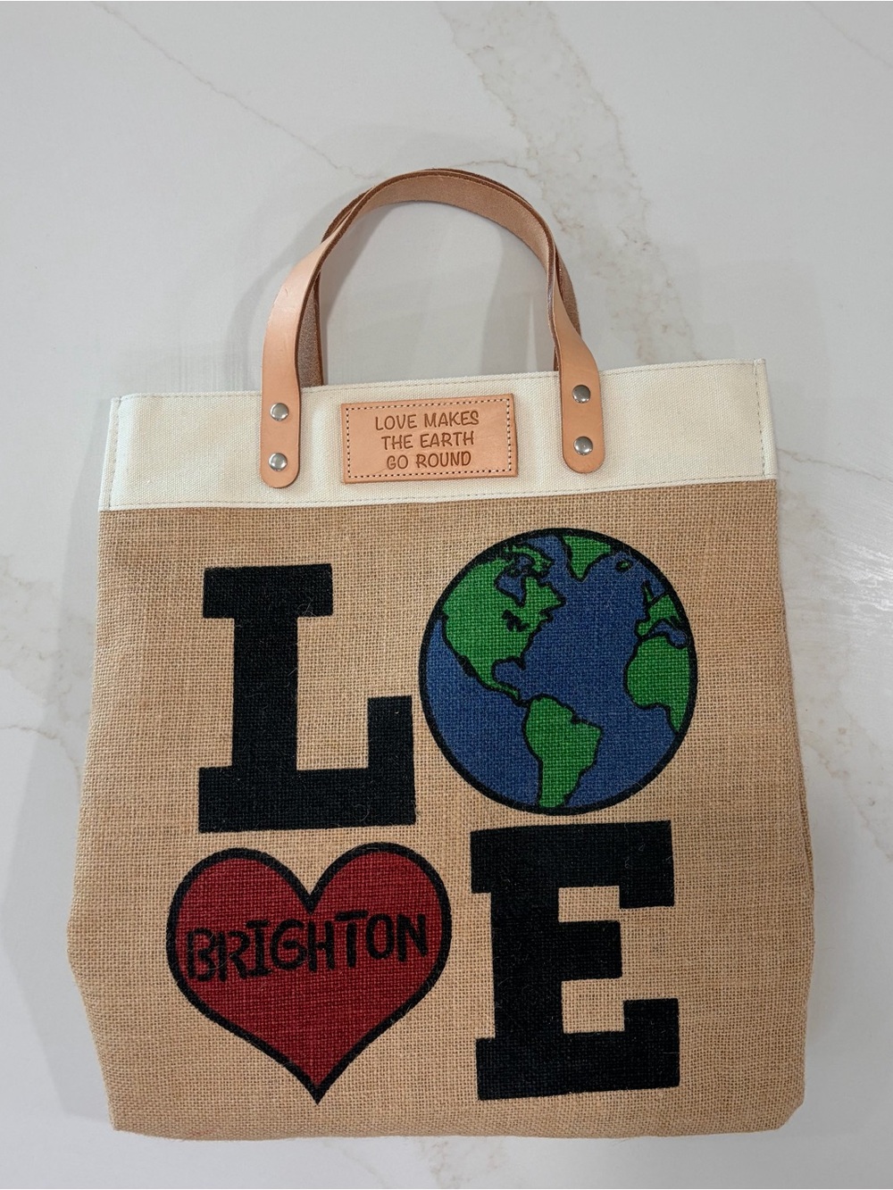 Brighton Natural Canvas Tote with Earth & Red Heart Graphic